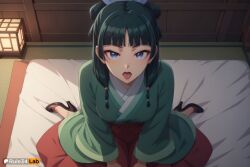 1girls ai_generated artist_name black_footwear blue_eyes blunt_bangs breasts chinese_clothes freckles green_hair hair_bun hanfu hi_res high_heels indoors kusuriya_no_hitorigoto long_hair long_sleeves looking_at_viewer makeup maomao_(kusuriya_no_hitorigoto) open_mouth rule34lab sitting skirt solo the_apothecary_diaries tongue tongue_out twintails wariza wide_sleeves