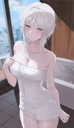 1girls absurdres bare_shoulders bathroom bathtub blue_eyes blush blush_lines blushing blushing_at_viewer breasts cityscape cleavage closed_mouth collarbone cowboy_shot eonyan faust_(project_moon) female female_focus female_only grey_hair hair_between_eyes hashtag-only_commentary high_resolution highres indoors large_breasts light-skinned_female light_skin limbus_company looking_at_viewer medium_hair naked_towel only_female pale-skinned_female pale_skin project_moon shiny shiny_hair shiny_skin short_hair solo standing thighs towel towel_only white_hair window