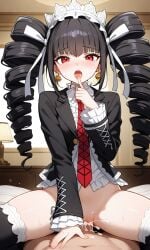 ai_generated black_hair blush celestia_ludenberg cowgirl_position cum cum_inside danganronpa danganronpa:_trigger_happy_havoc earrings goth goth_girl gothic gothic_lolita headdress mouth_open partially_clothed pov red_eyes sex tie twintails wholesome