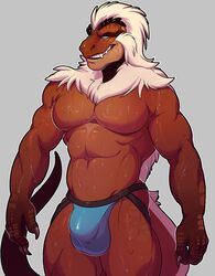 1boy abs anthro biceps big_bulge blue_eyes brown_skin bulge claws clothing dinosaur fur grin hair half_portrait invalid_tag jockstrap knuxlight lizard long_hair looking_at_viewer male male_only manly muscular pecs reptile scalie simple_background smile smug solo standing teeth underwear vance white_fur