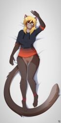 anthro athletic athletic_anthro biped black_body black_fur black_pawpads blonde_hair blue_eyes breasts canid canine claws dakimakura dakimakura_design digital_media_(artwork) eyewear felid feline female fox fur glasses grey_body grey_fur hair hi_res hybrid kuuko mammal marblesoda markings multicolored_body multicolored_fur nipples nude pawpads pink_body pink_fur pink_nose red_body red_fur red_markings stripes tail teeth white_body white_claws white_fur white_tail