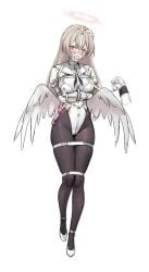 absurdres ball_gag black_neckerchief black_pantyhose blonde_hair blue_archive blush bondage bondage bondage bound breasts collar crotch_rope female gag gagged halo high_heels highres kumachi_(aikawaakeya) large_breasts leash leotard long_hair looking_at_viewer low_wings nagisa_(blue_archive) neckerchief nipple_piercing pantyhose piercing restrained sailor_collar shibari_over_clothes skindentation solo standing standing_on_one_leg straitjacket very_long_hair white_leotard wings