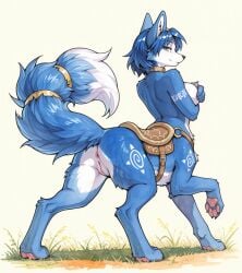 accessory ai_generated alternate_species anthro anus ass blue_hair breasts canid canine claws covering covering_breasts female fox furry genitals grass hair hi_res hybrid krystal_(star_fox) mammal markings nintendo pawpads paws plant pussy solo split_form star_fox tail tail_accessory tailband taur tribal tribal_markings