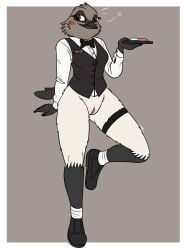 absurd_res anthro avian bird black_tie_(suit) blush bottomless bottomless_anthro bottomless_female bow_tie casual_exposure clothed clothing dress_shirt exhibitionism female fish_birb footwear formal_clothing formal_wear genitals hi_res implied_pregnancy leg_strap millie_(fish_birb) name_tag oscine passerine pregnancy_test pussy shirt shoes socks solo starling_(bird) suit topwear vest waiter waiter_suit waiter_tray waitress_uniform