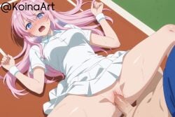 ai_generated blue_eyes female kawaii_dake_ja_nai_shikimori-san koinaart medium_breasts missionary missionary_position penis pink_hair pussy sex shikimori_micchon stable_diffusion stomach tennis_uniform thick_thighs upper_body