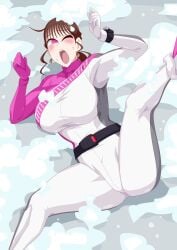 1girls bakuage_sentai_boonboomger big_breasts breasts brown_hair bubble female_only hair large_breasts laying_down mira_shifuto otokam1117 pink_eyes shifuto_mirai skinsuit solo solo_female super_sentai