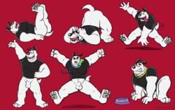 2017 absurd_res action_pose alternate_version_available animal_genitalia anthro anthrofied balls big_muscles biped black_topwear bottomless bowl canine clenched_teeth closed_eyes clothed clothing crouching dudley_puppy ethancostas excited food_bowl front_view fully_sheathed fur half-closed_eyes happy hi_res looking_at_viewer lying male male_only mammal multiple_images multiple_poses muscular muscular_male naughty_face nickelodeon nipples on_back open_mouth open_smile pawpads plantigrade pose raised_eyebrows raised_leg realistic red_background scared sheath shirt side_view simple_background smile snout solo standing t-shirt t.u.f.f._puppy tailwag teeth tongue tongue_out white_fur