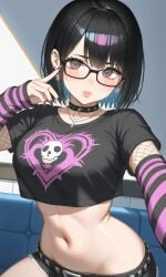 1girls ai_generated belly belly_button belt black_hair black_shirt black_shorts blue_highlights bob_cut choker crop_top dick_sucking_lips ear_piercing ear_piercings earrings emo fishnet_sleeves glasses jack_(kosine1777) kosine1777 kosineverse necklace original original_character puffy_lips punk punk_girl skull striped_sleeves t-shirt