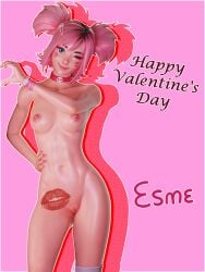 blue_eyes epic_games esme_(fortnite) facial_markings fexl39 fortnite hand_on_hip heart lipstick_mark nude pink_hair signature smile solid_color_background twintails valentine's_day wink