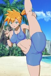 ass asymmetrical_hair beach blue_eyes blush bra breasts cameltoe closed_mouth cloud creatures_(company) day eyelashes female female_focus game_freak green_eyes hair_between_eyes hair_tie hand_up highres kasumi_(pokemon) large_breasts leg_hold leg_lift leg_up legs looking_at_viewer navel nintendo nipples noboyasm2000 open_mouth orange_hair outdoors palm_tree pokemon pokemon_frlg pokemon_rgby ponytail sand shore short_hair shorts side_ponytail sky smile solo split sports_bra spread_legs standing standing_on_one_leg standing_split swimsuit tan thick_thighs thighs tongue tongue_out tree underwear v w water wristband