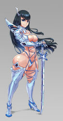 1girls absurdres big_breasts black_hair boots breasts cleavage covered_nipples cutesexyrobutts full-length_portrait full_length gloved gloves highres isabella_valentine isabella_valentine_(cosplay) junketsu kill_la_kill kiryuuin_satsuki large_breasts long_hair looking_at_viewer looking_to_the_side single_glove skindentation solo soul_calibur standing sword thick_thighs thigh_high_boots thigh_squish toned toned_female weapon wide_hips