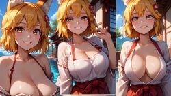 1girls ai_generated blush cleavage exposed_shoulders fox_ears fox_girl hair_flower large_breasts looking_at_viewer multiple_views open_topwear orange_hair outdoors senko_(sewayaki_kitsune_no_senko-san) sewayaki_kitsune_no_senko-san short_hair shrine_maiden smiling smiling_at_viewer sweat yellow_eyes