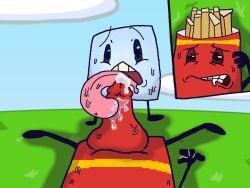 4:3 animate_inanimate anthro armless battle_for_dream_island bfdi bfdia bodily_fluids clenched_teeth close-up cloud drooling elemental_creature female first_person_view food food_creature fries fries_(bfdi) genital_fluids genitals grass ice_cube_(bfdi) licking long_tongue looking_pleasured lying male male/female object_show object_shows on_back onikuma_(artist) oral penile penis penis_lick plant precum precum_on_penis saliva sex sky sweat teeth tongue what_the_fuck