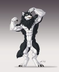 2024 4_toes 5_fingers abs animal_genitalia anthro arm_tuft balls biceps big_muscles black_body black_claws black_fur black_lips black_nose black_pawpads black_sclera broad_shoulders calf_muscles canid canine canine_genitalia canine_sheath cheek_tuft claws digitigrade elbow_tuft facial_tuft fangs feet finger_claws fingers fist flexing flexing_bicep flexing_both_biceps fluffy fluffy_mane fluffy_tail fur genitals gradient_background hi_res inner_ear_fluff lips looking_at_viewer male mammal mane multicolored_body multicolored_fur muscular muscular_anthro muscular_male mythological_canine mythological_creature mythology neck_tuft nude pawpads paws pecs pose serratus shaded sharp_teeth sheath signature silverfoxwolf simple_background smile solo standing tail teeth thetigress thick_thighs toe_claws toes tongue triceps tuft two_tone_body two_tone_fur werecanid werecanine werecreature werewolf whisker_spots whiskers white_body white_fur yellow_eyes