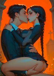 1boy1girl ai_generated alerotica black_hair cemetery ponytail wednesday_(netflix) wednesday_addams