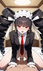 ai_generated black_hair blush celestia_ludenberg cowgirl_position cum cum_inside danganronpa danganronpa:_trigger_happy_havoc earrings goth goth_girl gothic gothic_lolita headdress mouth_open partially_clothed pov red_eyes sex tie twintails wholesome