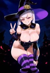 1girls ai_generated big_breasts black_clover halloween halloween_costume light-skinned_female noelle_silva peace_sign purple_eyes tharkica thick_thighs white_hair