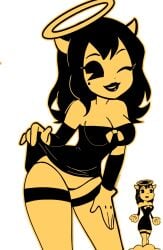 1girls alice_angel bendy_and_the_ink_machine bow cardboard_cutout cartoon cutout dress dress_lift elbow_gloves gloves halo horns looking_at_viewer official_art_inset panties pie_ pie_cut_eyes sepia simple_background solo somnipheromone style_parody thick_thighs thigh_strap wide_hips wink