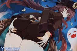 +_+ animated artist_name ass ass_focus black_hat black_shorts blinking boo_tao_(genshin_impact) breasts brown_hair bug butterfly closed_eyes commentary cowboy_shot cute_fang duplicate english_commentary fangs female from_behind genshin_impact ghost grabbing_own_ass half-closed_eyes hat hu_tao_(genshin_impact) jewelry long_sleeves looking_at_viewer multicolored_hair nail_polish night night_sky open_mouth patreon_logo patreon_username red_eyes red_hair red_nails ring short_shorts shorts sky small_breasts smile sollyz solo standing tree trefoil twintails two-tone_hair watermark web_address