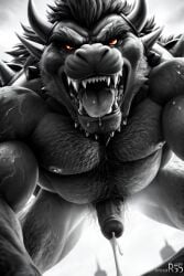 1boy ai_generated anthro black_and_white bodily_fluids body_hair bowser chest_hair cum cumdrip ejaculation erection fangs furry furry_only gay horns koopa looking_at_viewer male male_only mario_(series) monster nintendo nipples open_mouth penis reptile saliva scalie sharp_teeth solo solo_male tongue tongue_out