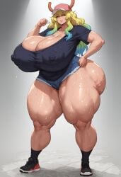 1girls ai_generated big_breasts cleavage closed_eyes corruptedvisions fat_ass full_body heavy_breasts horns huge_breasts jean_shorts lucoa lucoa_(maidragon) massive_breasts miss_kobayashi's_dragon_maid muscular_female perfect_body shoes shorts smiling socks solo