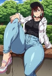 ai_generated ayase_momo baseball_cap black_headwear blue_clothing blue_jeans bottom_heavy cap clothed_female clothing dandadan footwear headwear hourglass hourglass_figure jacket jeans light_blue_clothing light_jeans loitering pink_footwear running_shoes sitting smiling smug sneakers thighs thunder_thighs tight_clothing tight_jeans touching_grass