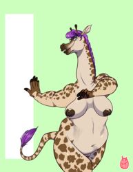 2017 5_fingers anthro ass barely_visible_genitalia beige_pussy belly big_belly big_breasts big_butt big_thighs biped black_fur breasts brown_fur brown_nipples brown_spots closed_eyes countershade_torso countershading ears_back eyewear female fingerless_(marking) fur giraffe glasses gloves_(marking) green_background hair hanging_breasts horn humanoid_hands inverted_nipples long_ears long_neck mammal mane mane_hair markings mostly_nude multicolored_fur muzzle_(marking) naked_glasses navel nipples obese open_mouth open_smile overweight overweight_female pinup portrait pose pubes puffy_nipples purple_fur purple_hair pussy ryarik simple_background smile solo spots spotted_fur spotted_tail standing subtle_pussy tail_tuft tan_countershading tan_fur three-quarter_portrait tuft walking watermark yellow_fur