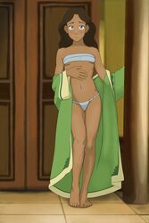 1girls anaxus avatar_the_last_airbender bare_legs bare_midriff bare_shoulders bare_thighs barefoot belly_button blue_eyes blush bra brown_hair calf_muscles clothing collarbone dark-skinned_female dark_skin feet female katara long_hair looking_at_viewer midriff navel nickelodeon panties robe small_breasts solo thighs toes underwear