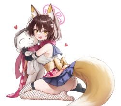 animal_ears arona's_sensei_doodle_(blue_archive) ass big_ass blue_archive blush fefee female fishnets fox_ears fox_girl fox_tail halo hugging izuna_(blue_archive) japanese_clothes ninja sensei_(blue_archive) skirt smile tail