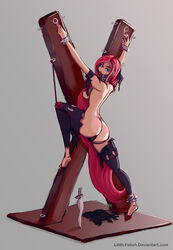 2015 andrew's_cross ass ball_gag barefoot bondage bound bound_ankles bound_wrists breasts dagger female female_only femsub gag green_eyes katarina_du_couteau league_of_legends leg_up lilith-fetish looking_at_viewer looking_back nipples red_ball_gag red_hair restrained saint_andrew's_cross scar solo spanking spread_arms spread_eagle spread_legs standing torn_clothes x_frame