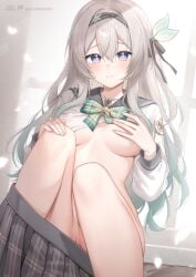 black_bow black_hairband blue_eyes blush bow bowtie breasts cleft_of_venus closed_mouth clothes_lift clothes_pull commentary_request covering_nipples covering_privates female fingernails firefly_(honkai:_star_rail) firefly_(spring_missive)_(honkai:_star_rail) gradient_hair green_bow green_bowtie green_hair grey_hair grey_sailor_collar grey_skirt hair_between_eyes hairband hairbow hand_up honkai:_star_rail honkai_(series) indoors knees_up long_sleeves looking_at_viewer medium_breasts multicolored_eyes multicolored_hair no_bra no_panties official_alternate_costume paid_reward_available purple_eyes pussy sailor_collar shirt shirt_lift shrimp_cake sitting skirt skirt_pull solo twitter_username two-tone_eyes uncensored white_shirt