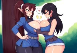 2girls ai_generated ass big_ass big_breasts black_hair breast_press brown_hair cleavage duo elf elf_ears elf_female elves fantasy forest huge_breasts mullon novelai original thick_thighs top_heavy voluptuous voluptuous_female yuri yuri