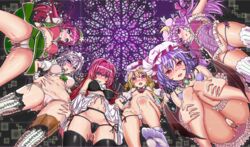 6+girls :p ass_visible_through_thighs beret black_bra black_panties blonde_hair blue_hair blush bra braid breasts cameltoe crescent fangs feet flandre_scarlet frills from_below hair_between_eyes hair_ornament hands_on_hips hat head_wings headdress hong_meiling knees_together_feet_apart knowct koakuma lifted_by_self long_hair looking_at_viewer looking_down lowleg lowleg_panties medium_breasts midriff mob_cap multiple_girls nose_blush open_mouth panties pantyshot pantyshot_(squatting) patchouli_knowledge puffy_sleeves purple_eyes purple_hair pussy_juice red_eyes red_hair remilia_scarlet sakuya_izayoi shiny shiny_skin siblings side-tie_panties silver_hair sisters small_breasts smile socks squatting standing star succubus sweat teeth thigh_strap thighhighs tongue tongue_out touhou underwear upskirt vampire white_hat white_legwear wings