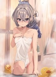 absurdres baba_kirika bath bathroom breasts closed_mouth collarbone comiket_105 commentary_request crossed_bangs drill_hair drill_ponytail ear_piercing female grey_eyes grey_hair hair_between_eyes hair_tie hair_tie_on_wrist hand_up highres honkai:_star_rail honkai_(series) indoors looking_at_viewer medium_breasts naked_towel paid_reward_available piercing pussy rubber_duck silver_wolf_(honkai:_star_rail) single_drill soap_bottle solo standing steam towel water wavy_mouth wet