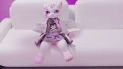 16:9 3d_(artwork) blender_(artwork) canid canine clothing digital_media_(artwork) female fox fur furniture genitals hi_res leaflamb mammal on_sofa pink_body pink_fur pussy sitting sitting_on_sofa sofa solo white_body white_fur widescreen