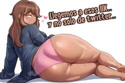 1girls ass back_view blush brown_hair corela long_hair looking_at_viewer panties solo_female spanish_text tagme text thighs tortieza white_background