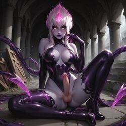 ai_generated blindparty civitai evelynn flame_hair futanari high_heels league_of_legends penis pink_fire solo tentacle weapon white_hair yellow_eyes