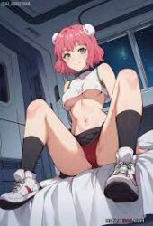 aries_spring astra_lost_in_space green_eyes heterochromia kanata_no_astra on_bed pink_hair underboob