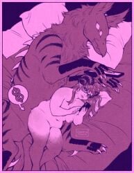 4_eyes canine casual casual_sex chubby_female claws from_behind glasses goat_horns hulder interspecies interspecies_relationship knotting larger_male on_bed on_phone on_side quadruped size_difference smaller_female spikes succubus succubus_horns teratophilia thick_thighs zoophilia