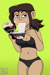 1girls asian asian_female bags_under_eyes bra brown_hair brown_skinned_female dopeisnukat eating_food female inside_job netflix noodles panties reagan_ridley