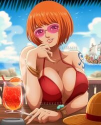 1girls age_60 age_sixty ash_tray beach bracelets cigarette cleavage clouds dress drink elbow_on_table female female_only fence future future_nami gold_bracelets gold_ring holding_cigarette holding_object large_breasts log_pose mature_female nami nami_(one_piece) one_piece orange_hair pink_sunglasses post-timeskip rakara11 red_dress ring sea shack ship short_hair shoulder_tattoo sitting sky smile smiling smiling_at_viewer straw_hat sunglasses table tattoo thousand_sunny tinted_eyewear water