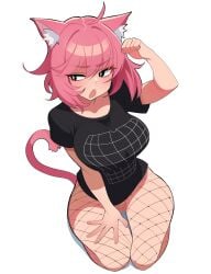 absurdres ahoge animal_ears ass_visible_through_thighs black_eyes black_shirt black_skirt blush breasts cat_ears cat_girl commentary english_commentary female fishnet_pantyhose fishnets hand_on_own_leg hand_up highres huge_breasts looking_to_the_side maidcousin medium_hair no_panties open_mouth original pantyhose paw_pose pink_hair pussy seiza shirt short_sleeves simple_background sitting skirt solo t-shirt thighs white_background