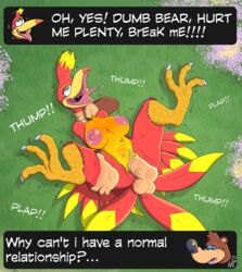 anthro avian banjo-kazooie banjo_(banjo-kazooie) bird breasts breegull claws dialogue duo english_text feathers female female_penetrated genitals hi_res kazooie looking_pleasured male male_penetrating male_penetrating_female mammal meatboom nipples open_mouth orgasm orgasm_face penetration pussy rareware sex sound_effects stomach_bulge straight tail_feathers text tongue ursid vaginal_penetration video_games wings