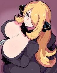 1girls ai_generated blonde_hair cleavage curvaceous curvy cynthia_(pokemon) mullon novelai pokemon pokemon_dppt seductive seductive_look seductive_smile voluptuous voluptuous_female