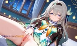 1girls ai_generated bangs bed bedroom closed_mouth female firefly_(honkai:_star_rail) honkai:_star_rail honkai_(series) hoyoverse indoors long_hair looking_at_viewer mihoyo patreon pussy smile solo spread_legs spread_pussy window zenaai