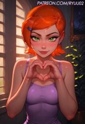 ai_generated ben_10 blush gwen_tennyson gwen_tennyson_(classic) heart heart_symbol looking_at_viewer medium_breasts orange_hair ryuuziken01 short_hair smile