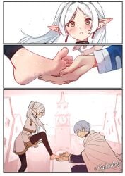 blush feet feet_focus feet_ring foot_fetish foot_focus frieren frieren_beyond_journey's_end himmel_(sousou_no_frieren) leg_up lifting_leg marriage_proposal married_couple pantyhose proposal sousou_no_frieren sydus toe_ring white_hair white_hair_female wholesome