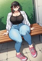 ai_generated ayase_momo baseball_cap big_breasts black_headwear blue_clothing blue_jeans bottom_heavy brown_eyes cap clothed_female clothing dandadan earings footwear headwear hourglass hourglass_figure jacket jeans light_blue_clothing light_jeans loitering mini outside pink_footwear running_shoes sitting slim_waist smiling smug sneakers thick_thighs thighs thunder_thighs tight_clothing tight_jeans touching_grass