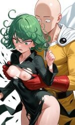 1boy 1girls ai_generated bald belt black_dress blush breasts cape curly_hair female gloves green_eyes green_hair jumpsuit kosine1777 nipples one-punch_man red_gloves ripped_clothing saitama small_breasts superhero superheroine surprised surprised_expression tatsumaki white_cape yellow_jumpsuit