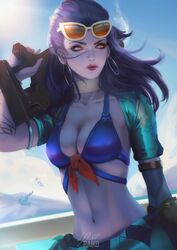 alternate_costume bikini bikini_top blizzard_entertainment blue_hair breasts cleavage cote_d'azur_widowmaker earrings female long_hair overwatch overwatch_2 purple_skin raikoart rifle solo summer_games_series sunglasses weapon widowmaker